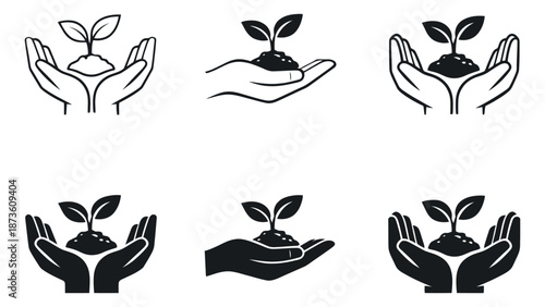 Stylized plant growth icons set featuring a seedling in hands for environmental care concepts