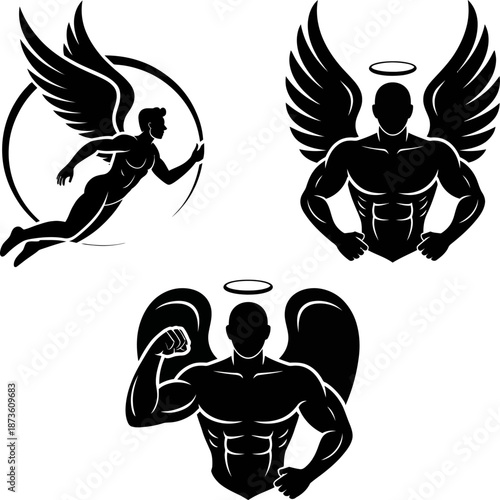 Black silhouette angel illustrations featuring winged male and female figures with halos, symbolizing strength, protection, divinity, and spirituality.