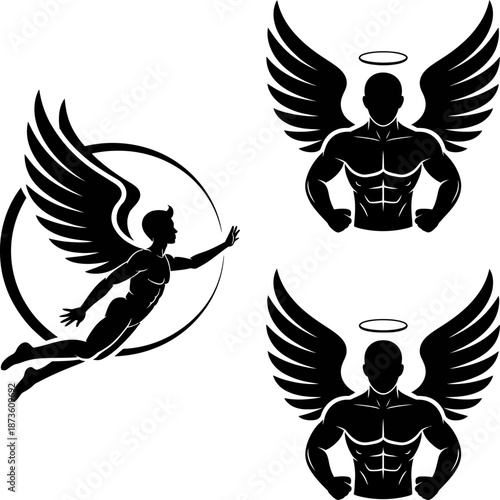 Black silhouette angel illustrations featuring winged male and female figures with halos, symbolizing strength, protection, divinity, and spirituality.