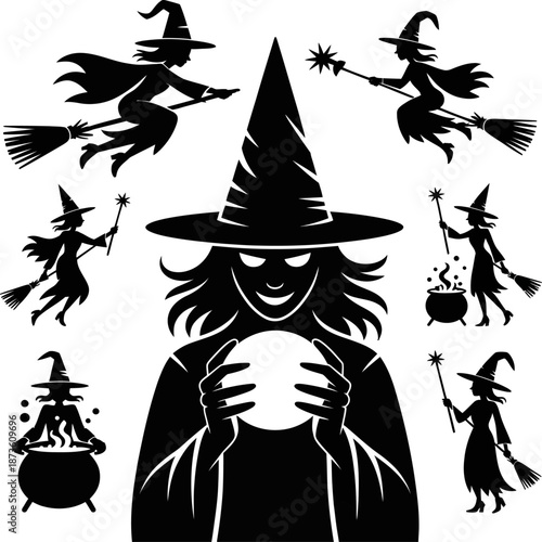 Silhouette illustration of a mystical witch holding a crystal ball, surrounded by flying witches on broomsticks in a magical Halloween theme.