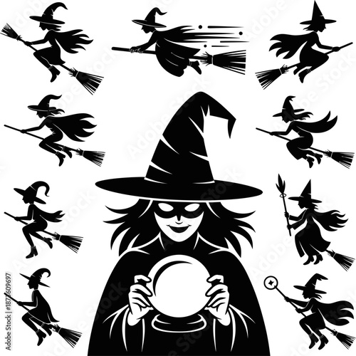 Silhouette illustration of a mystical witch holding a crystal ball, surrounded by flying witches on broomsticks in a magical Halloween theme.