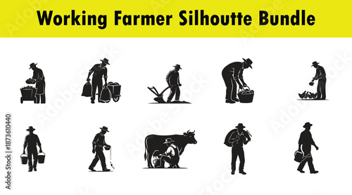 Farmer silhouettes performing various agricultural tasks including harvesting milking and feeding chickens