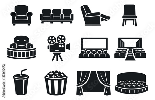 Glyph cinema set featuring audience seats, a film camera, and snacks for movie theaters