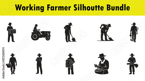 Farmer silhouettes with tractor produce and tools farming