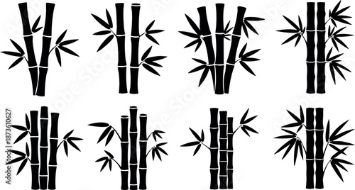 Bamboo silhouettes vector set with stylized black bamboo stalks and leaves in minimalist design for decorative use