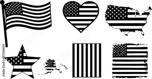 American flag icons collection with heart star map and stripes patriotic vector set for USA design and decoration