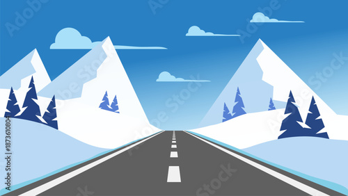 winter mountains cartoon landscape with road to horizon, first person view illustration, game vector background
