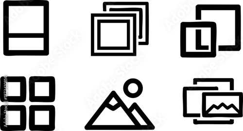 Set of six simple black line icons representing photo album, gallery, layers, grid, mountains, and framed image vector illustration