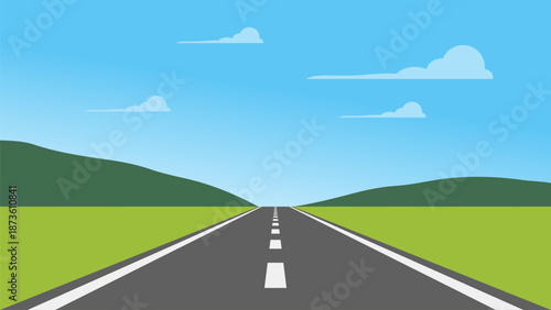 hills valley summer cartoon landscape with road to horizon, first person view illustration, game vector background