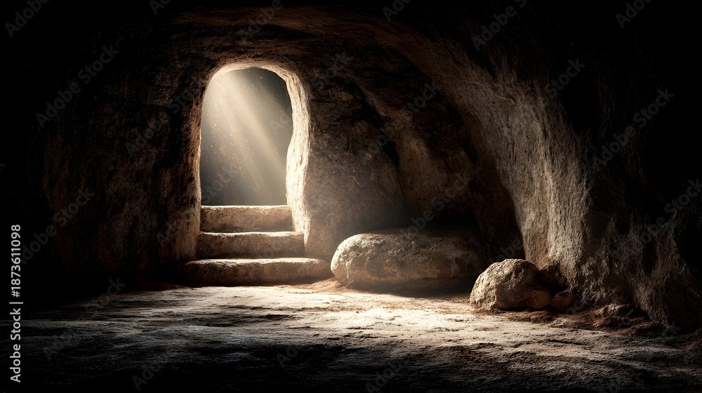 Obraz premium Empty Tomb Cave Entrance with Radiant Morning Light Symbolizing Resurrection Victory