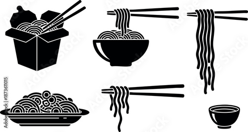 Asian style noodles with chopsticks in bowl and takeout box black silhouette vector set