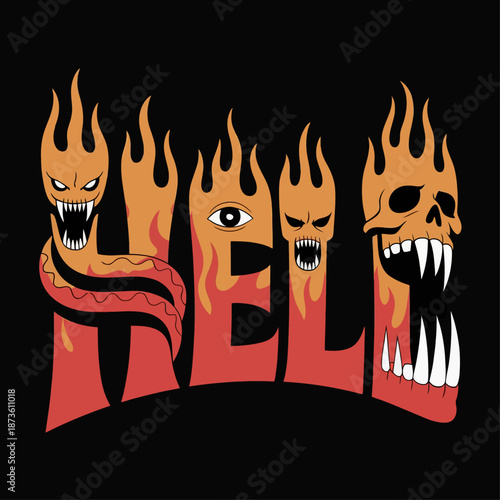 Stylized word “HELL” formed by flaming demon silhouettes, dark horror illustration representing fear, evil, fire, and supernatural terror themes.