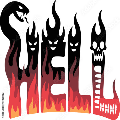 Stylized word “HELL” formed by flaming demon silhouettes, dark horror illustration representing fear, evil, fire, and supernatural terror themes.