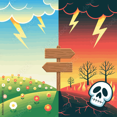 Heaven and hell choice illustration showing contrasting peaceful nature and fiery destruction paths symbolizing moral decisions and consequences.