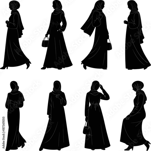Collection of elegant Muslim women wearing black abayas, shown in various poses, illustrating modest fashion, tradition, confidence, and cultural Islamic attire.