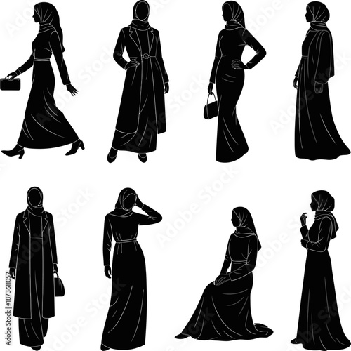 Collection of elegant Muslim women wearing black abayas, shown in various poses, illustrating modest fashion, tradition, confidence, and cultural Islamic attire.