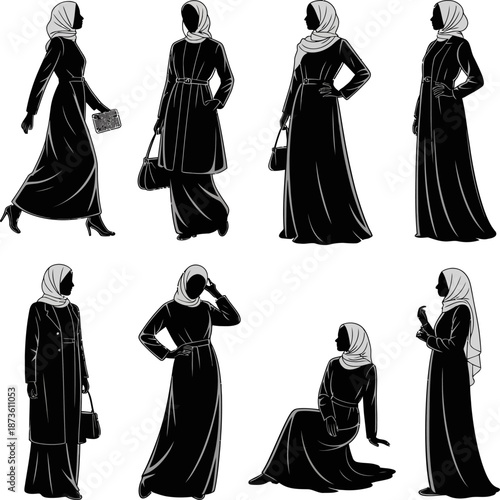 Collection of elegant Muslim women wearing black abayas, shown in various poses, illustrating modest fashion, tradition, confidence, and cultural Islamic attire.
