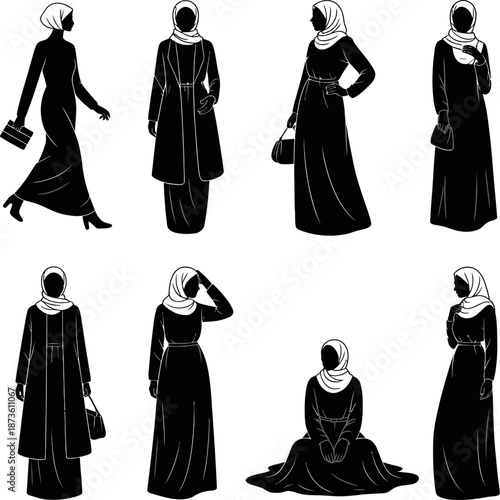 Collection of elegant Muslim women wearing black abayas, shown in various poses, illustrating modest fashion, tradition, confidence, and cultural Islamic attire.