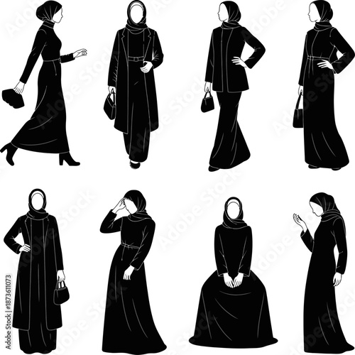 Collection of elegant Muslim women wearing black abayas, shown in various poses, illustrating modest fashion, tradition, confidence, and cultural Islamic attire.