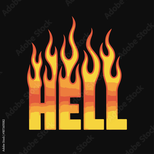 Stylized word “HELL” formed by flaming demon silhouettes, dark horror illustration representing fear, evil, fire, and supernatural terror themes.