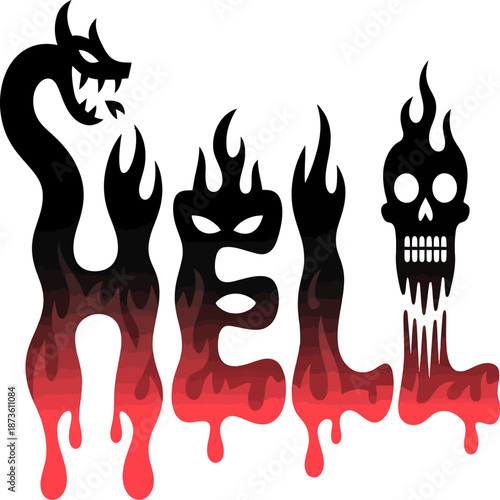 Stylized word “HELL” formed by flaming demon silhouettes, dark horror illustration representing fear, evil, fire, and supernatural terror themes.