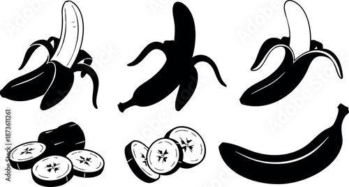 Banana silhouettes with peeled and sliced banana shapes in black and white vector design