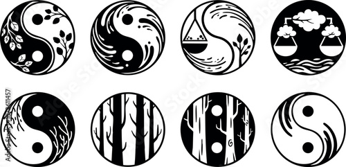 Yin Yang Symbols Set with Abstract Design Elements in Black and White Circular Style Vector Illustration