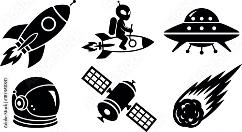 Space exploration icons including rocket, alien riding rocket, flying saucer, astronaut helmet, satellite, and meteor vector set