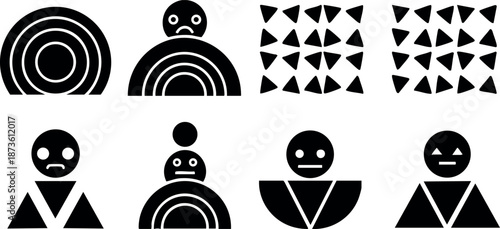 Abstract geometric faces vector icons with minimalist black shapes and simple emotional expressions for design and creative projects