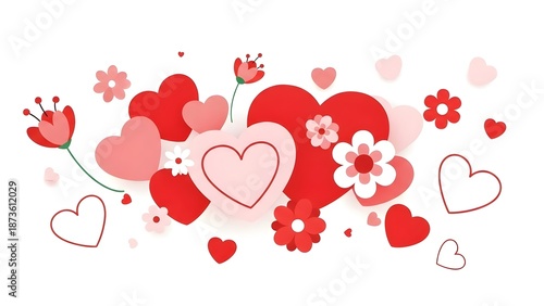 Red and pink hearts with flowers on a white background