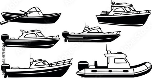 Various small boats vector collection with fishing and motorboats in simple black silhouette style for water transport design