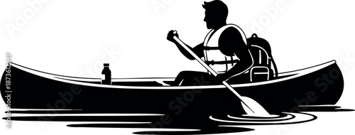 Silhouette of person paddling canoe on calm water with backpack outdoor activity vector illustration