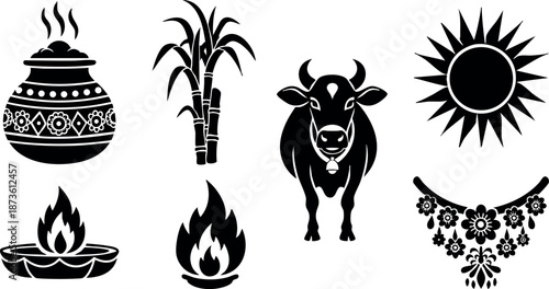 Traditional Indian festival icons with cow sugarcane fire sun and decorative necklace vector set