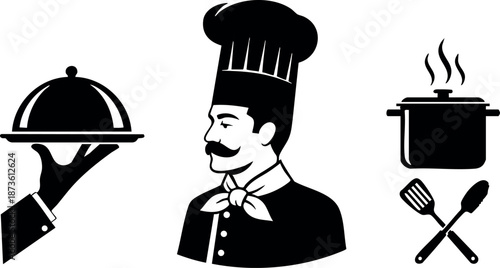 Chef with cooking pot, spatula, fork, and serving tray vector illustration in black and white style
