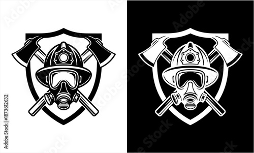 Firefighter helmet and gas mask with crossed axes and shield emblem.