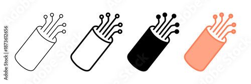 Set of minimalist fiber optic cable icons with transparent background, depicting high-speed internet, data communication, and network connectivity symbols, vector illustration
