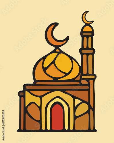 A colorful stained-glass artwork depicting a mosque with a crescent dome, bright minaret, and red gateway, specially designed for Islamic and cultural design projects.
