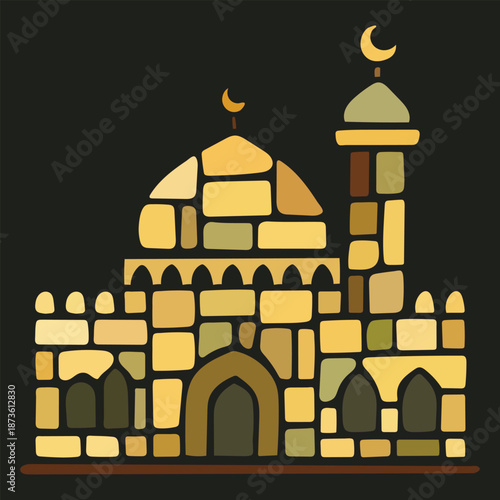 An Islamic mosque with crescent symbols and arched architecture on a black background - ideal for spiritually themed wall art and culture-inspired branding materials.