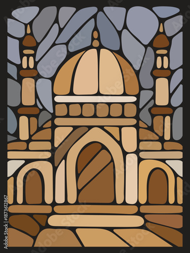 An elegant artwork depicting an Islamic mosque with twin minarets and a sky-colored background in a mosaic style - suitable for religious festival posters and culturally inspired textile patterns.