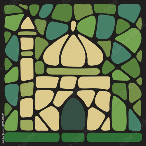 An artistic depiction of an Islamic mosque with a yellow dome and minaret against a green mosaic background, ideal for multicultural art prints and digital backgrounds inspired by Islamic architecture