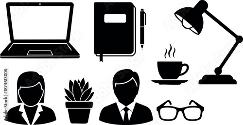 Office icons set with laptop notebook pen coffee lamp plant glasses business people vector illustration