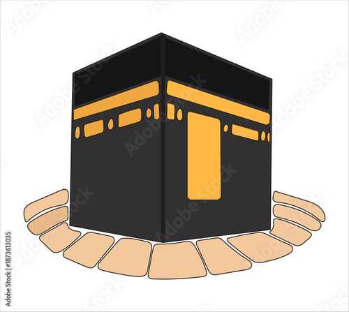 Modern Stylized Kaaba Illustration with Circular Tawaf Tiles – Suitable for Islamic Pilgrimage Infographics and Spiritual Meditation Room Decor