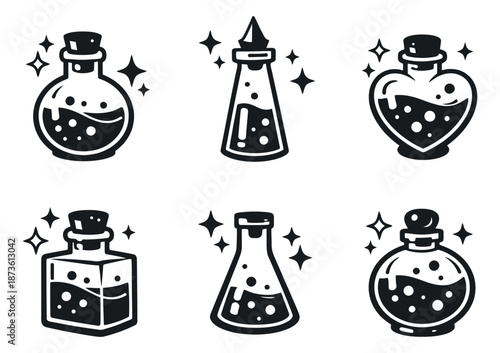 Simple line art potion bottle set featuring various potion vials filled with sparkling liquid for fantasy designs