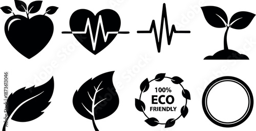 Heart health and eco friendly nature icons with leaves and pulse line vector collection