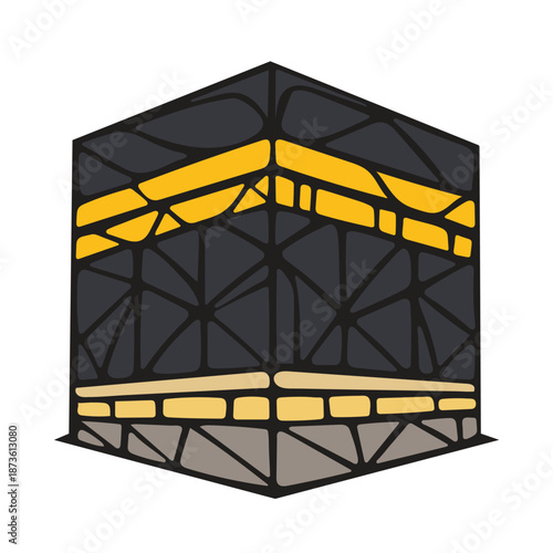 A simplified geometric rendering of the Kaaba highlighting its golden embroidery, created for instructional posters and pilgrimage-related designs.