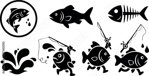 Fish fishing icons set with splash water droplets and fishing rod vector collection