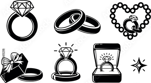 Diamond ring wedding engagement jewelry icons with gift box and necklace vector illustration
