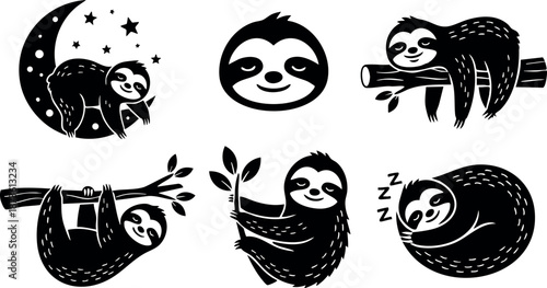 Sloth vector illustration collection showing cute black and white sloths in various poses and activities