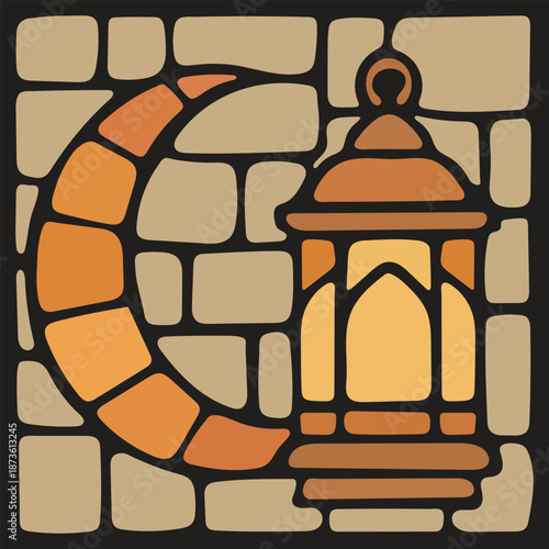 A warm illustration of a glowing lantern and crescent moon against a stone mosaic background, ideal for Islamic holiday branding and themed event publications.