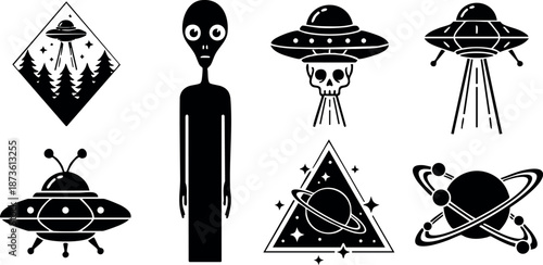 Alien and UFO spaceships with planets and cosmic symbols in black vector design